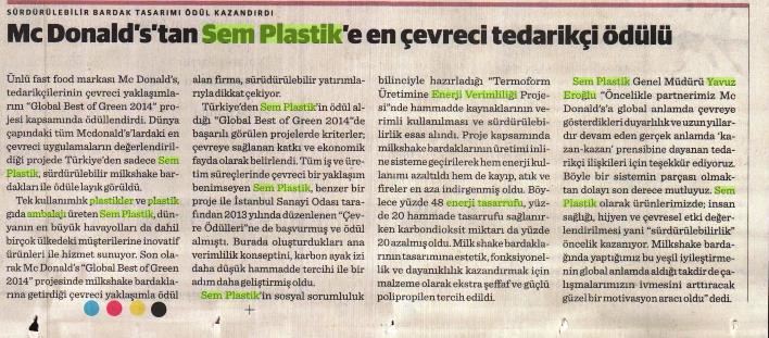 Environmental supplier award from Mc Donalds to SEM plastic